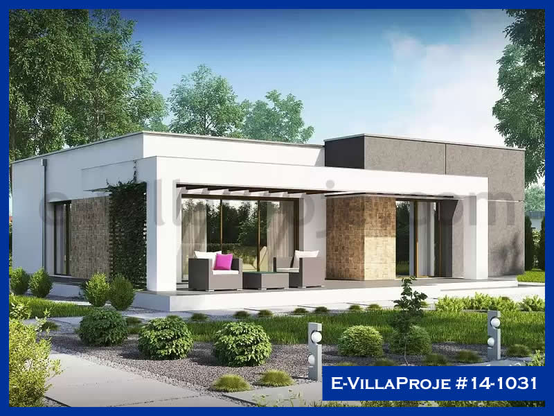 107 m² Tek Katlı 3+1 Modern Çelik Konstrüksiyon Villa (Ev Villa Proje #14 - 1031) Cephe Görünümü ve Kat Planı