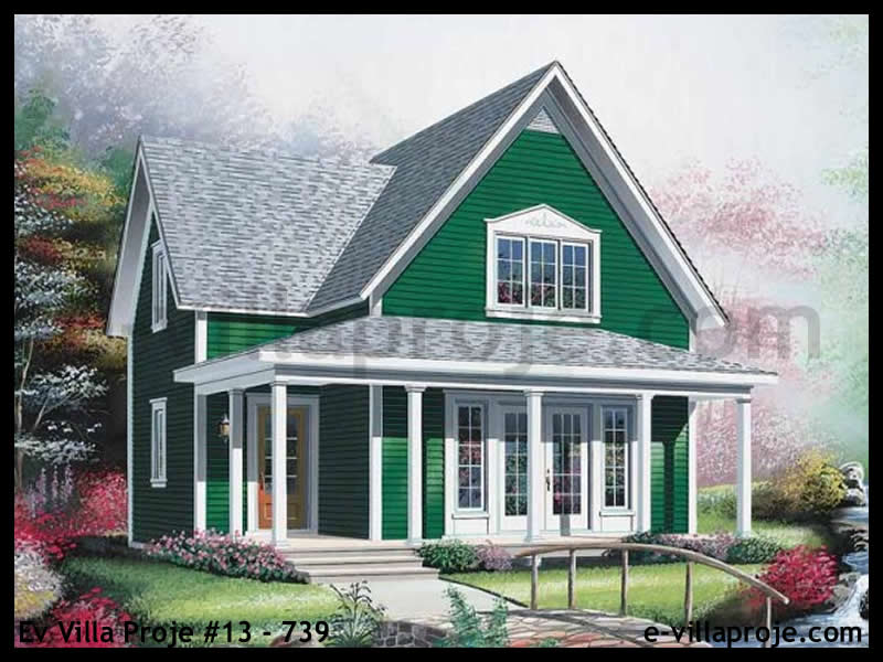 117 m² 2 Katlı (Dubleks) 3+1 Çiftlik Çelik Konstrüksiyon Villa (Ev Villa Proje #13 - 739) Cephe Görünümü ve Kat Planı