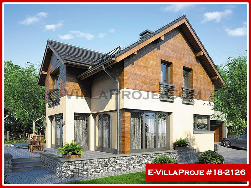 203 m² 2 Katlı (Dubleks) 5+1 Ahşap Çelik Konstrüksiyon Villa (Ev Villa Proje #18 - 2126) Cephe Görünümü ve Kat Planı