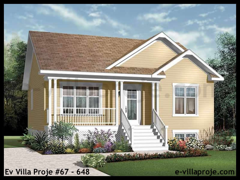 82 m² Tek Katlı 2+1 Amerikan Çelik Konstrüksiyon Villa (Ev Villa Proje #67 - 648) Cephe Görünümü ve Kat Planı