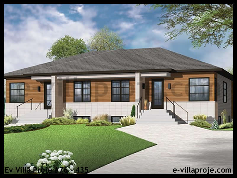 83 m² Tek Katlı 2+1 Taş Çelik Konstrüksiyon Villa (Ev Villa Proje #76 - 435) Cephe Görünümü ve Kat Planı